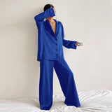 Lovwvol Oversized Satin Silk Sleepwear Low Cut Sexy Pajamas For Women Single-Breasted Long Sleeves Wide Leg Pants Trouser Suits