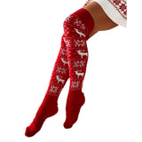Lovwvol Christmas Women Knitted Cotton Woolen Stocking Warm Thigh High Over the Knee Cute Deer Printing Socks Twist Cable Crochet