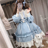 Lovwvol Japanese Gothic Lolita Dress Women Kawaii Bow Bear Lace Blue Dress Long Sleeve Princess Dress Halloween Costume Gift For Girls