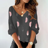 Lovwvol Spring Blouses Or Tops For Woman Fashion Feather Print Long-sleeved V-neck Top Pullover Tunic Top Shirt Blusas Y Camisas