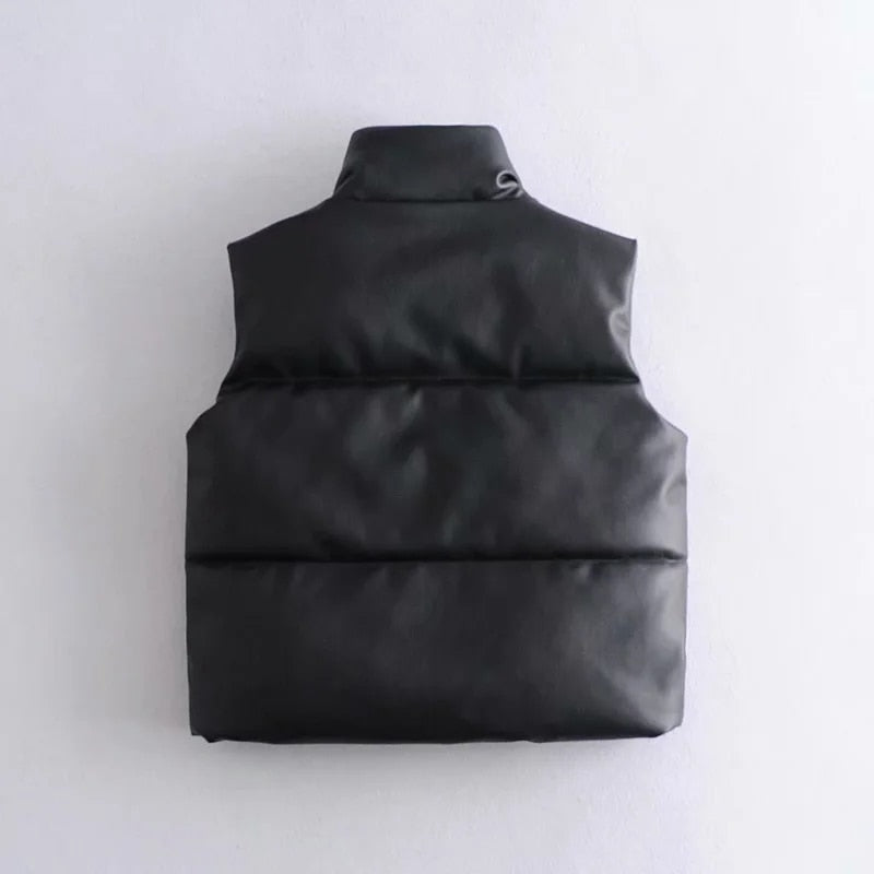Lovwvol women Black Warm Faux Leather Vest Coat Casual Zipper Sleeveless Jacket Female Short Cotton Outwear Retro Outfits