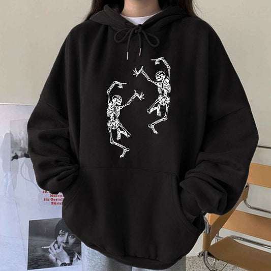 Lovwvol Funny Dancing Skeleton Skull Print Women Hoodies Oversized Crewneck Hooded Sweatshirt Harajuku Drop Shoulder Halloween Hoodie