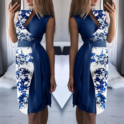 lovwvol Fashion Elegant Office Women Floral Print Tied Detail Sleeveless Vintage Blue Slim Waist Midi Summer Casual Dress With Belt