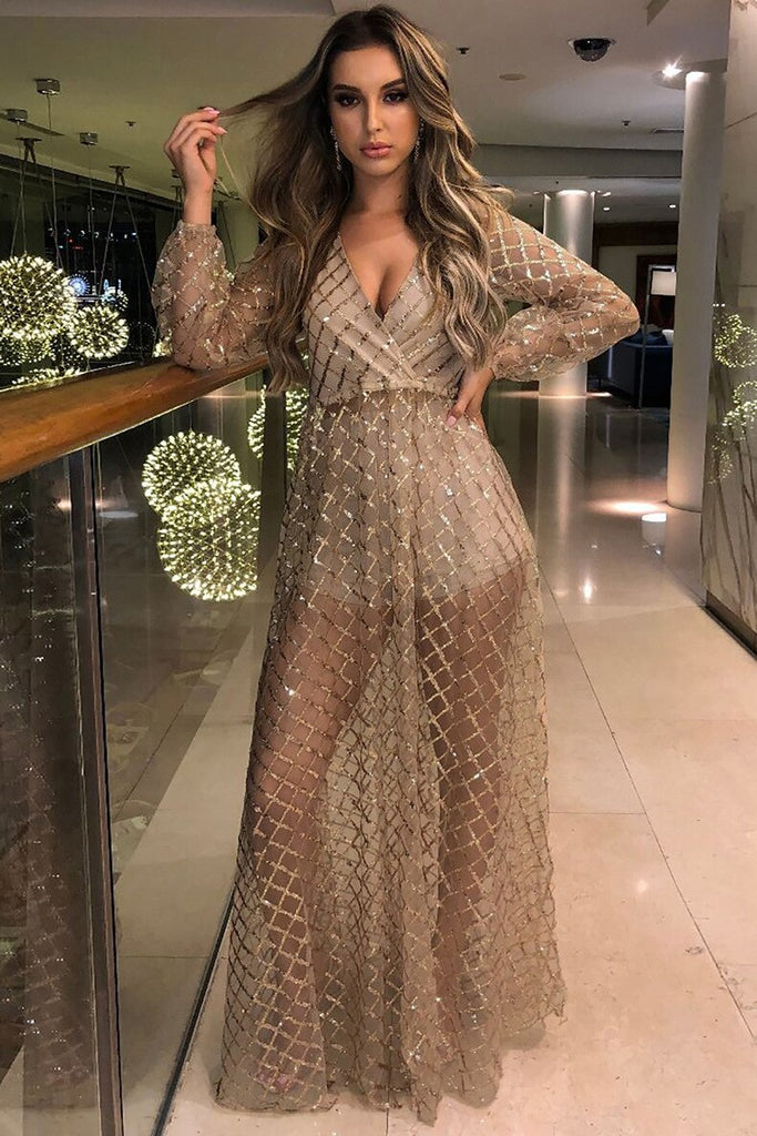 Lovwvol Christmas Party Women Summer Long Party Dress Long Sleeve Sexy Mesh Tulle Gold Sequin Maxi Dress Vestidos De Mujer  Prom Dresses