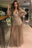 Lovwvol Christmas Party Women Summer Long Party Dress Long Sleeve Sexy Mesh Tulle Gold Sequin Maxi Dress Vestidos De Mujer  Prom Dresses