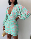 Lovwvol Summer Women Ruched Floral Spring Shirring Mini Dress Femme Boho Vetement Office Lady Outfits Y2K Beach Robe Vestidos Going Out Outfits