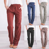 Lovwvol Summer Women's Cotton Linen Drawstring Loose Wide-Leg Pants Hot Sale Long Trousers With Pocket