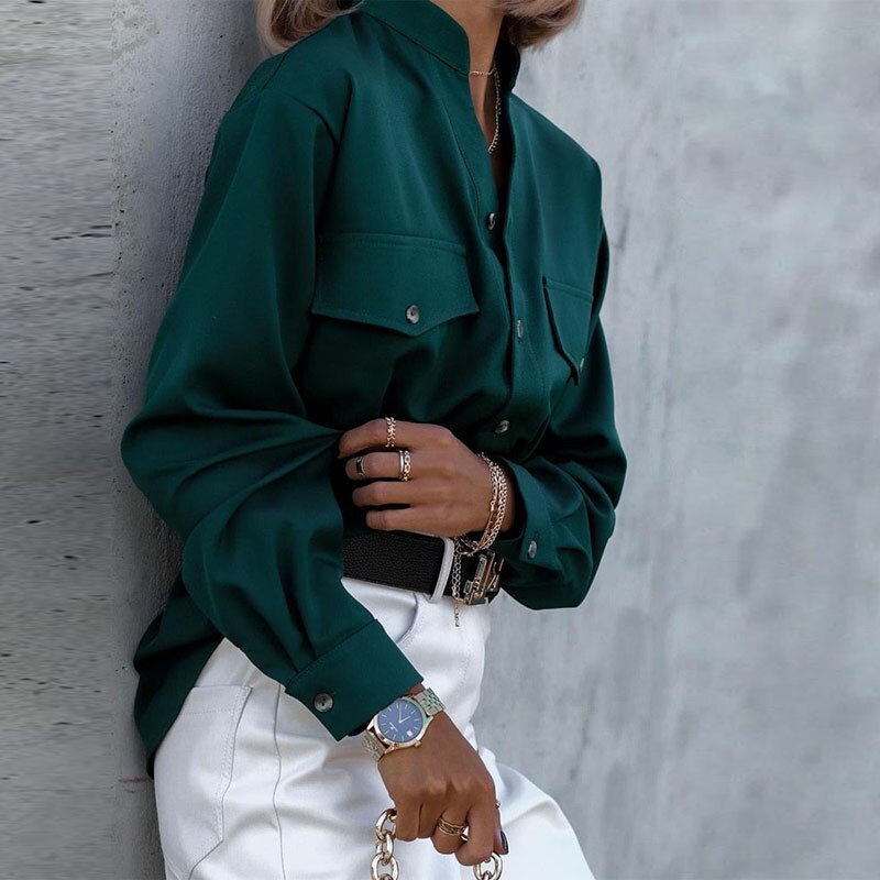 Lovwvol New Fashion Dark Green Lady Elegant Office Blouse Stand-up Collar Buttons Pocket Shirt Top Spring Autumn Solid Spot Women's