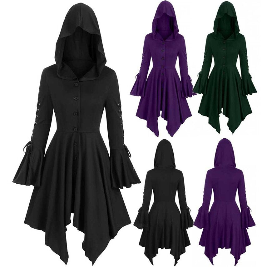 Lovwvol Medieval Cosplay Gothic Halloween Costumes for Women Dress Witch Middle Ages Renaissance Black Cloak Clothing Hooded Dress