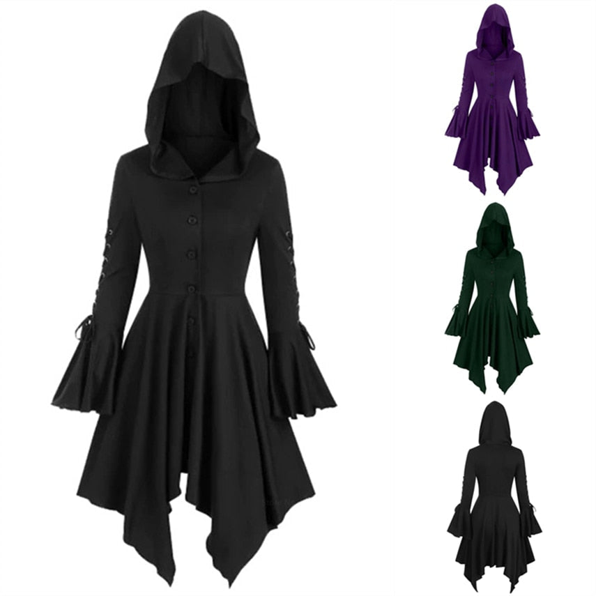 Lovwvol Medieval Cosplay Gothic Halloween Costumes for Women Dress Witch Middle Ages Renaissance Black Cloak Clothing Hooded Dress