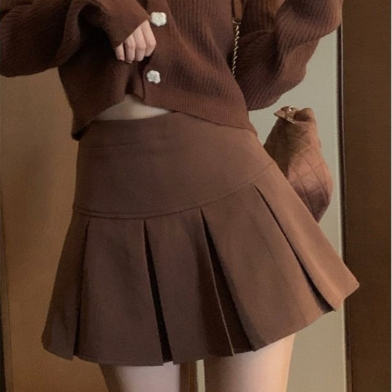 lovwvol Vintage Brown Pleated Skirt Women Autumn Korean Style Y2K High Waisted A-line Mini Skirts Preppy Style Girls Causal