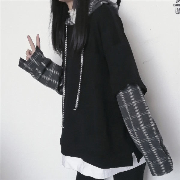 Lovwvol Black Hip Hop Hoodie Women Harajuku Plaid Sweatshirts Japan Kawaii Femme Casual Pullover Tops Gray Oversized Basic Hoodies