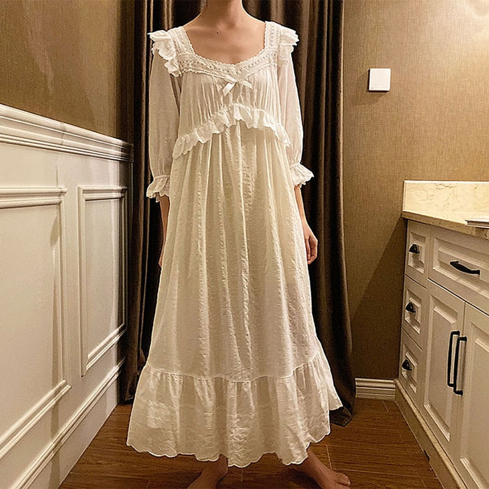Lovwvol New Women's Lolita Dress White Lace Square Neck Princess Sleepshirts Vintage Ladies Nightgowns Nightdress Cute Lounge Sleepwear