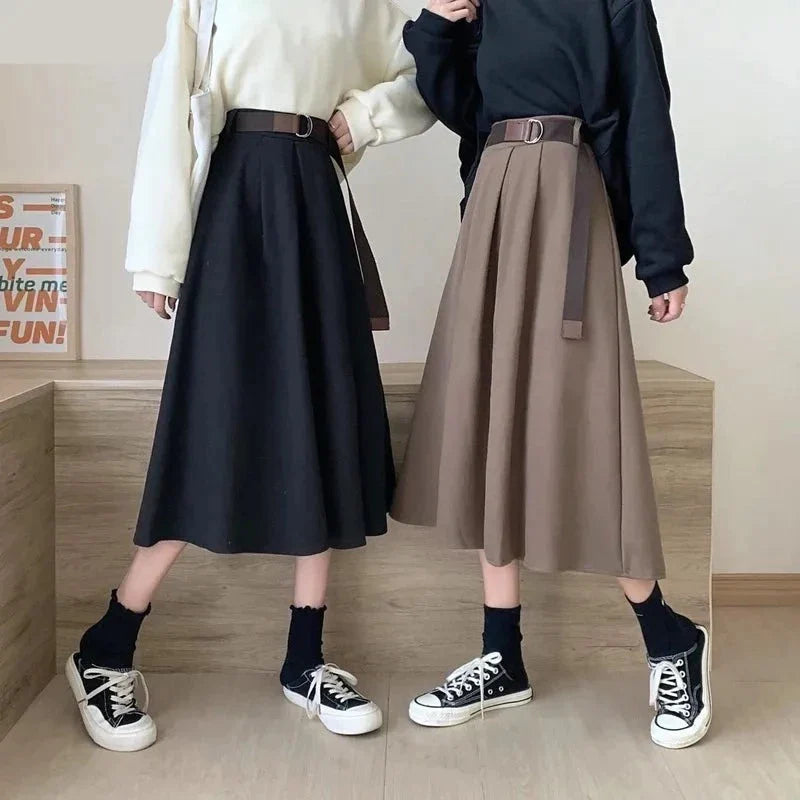 lovwvol Solid Skirts Women Mid-calf High Waist Friends Korean Style Elegant College Spring Autumn All-match Jupe Mujer Faldas Female Ins