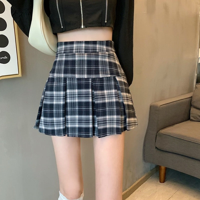 lovwvol Pleated Plaid Skirt Women Korean Fashion Autumn Vintage Preppy Style High Waisted Black A-line Mini Skirt for Girls