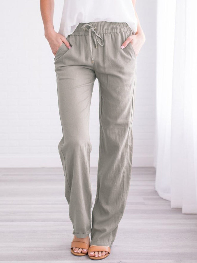 Lovwvol Summer Women's Cotton Linen Drawstring Loose Wide-Leg Pants Hot Sale Long Trousers With Pocket