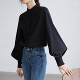 Lovwvol Big Lantern Sleeve Blouse Women Autumn Winter Single Breasted Stand Collar Shirts Office Work Blouse Solid Vintage Blouse Shirts