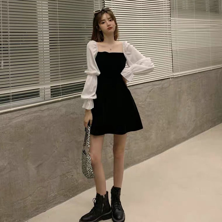 lovwvol  square neck tie waist dress Korean style high waist slim slim a-line halter skirt female summer dress plus size dress