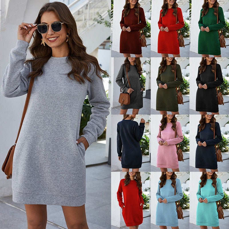 Lovwvol Autumn Winter O Neck Long Sleeve Women's Sweatshirt Dress New Fashion Solid Loose Pocket Ladies Mini Dress Vestidos