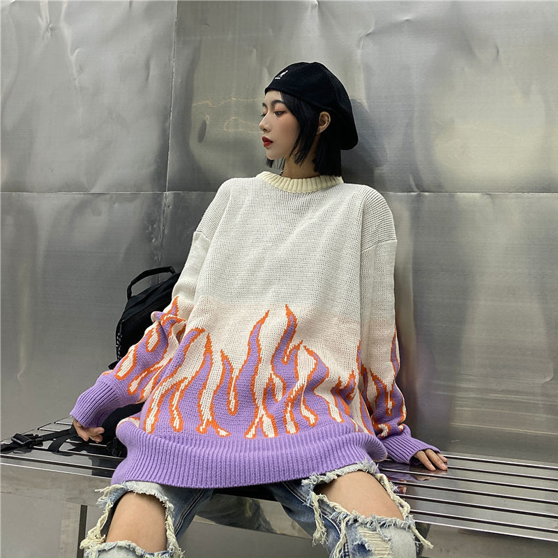 lovwvol new sweater female hip-hop style flame jacquard women's sweater traf couple pullover knit top loose men's sweater