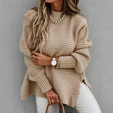 Lovwvol Women's Knitted Sweater Fashion Round Neck Lantern Long-Sleeved Pullover Blouse Ladies Winter Leisure Loose Slit Women Sweater