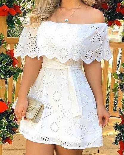 lovwvol Summer Solid Off Shoulder Broderie Lace Mini White Mini Dress Skinny Bodycon With Sashes Sexy