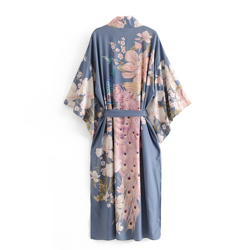 lovwvol  Spring Summer Bohemian V neck Peacock Flower Print Long Kimono Shirt Ethnic New Lacing up Sashes Long Cardigan Loose Blouse