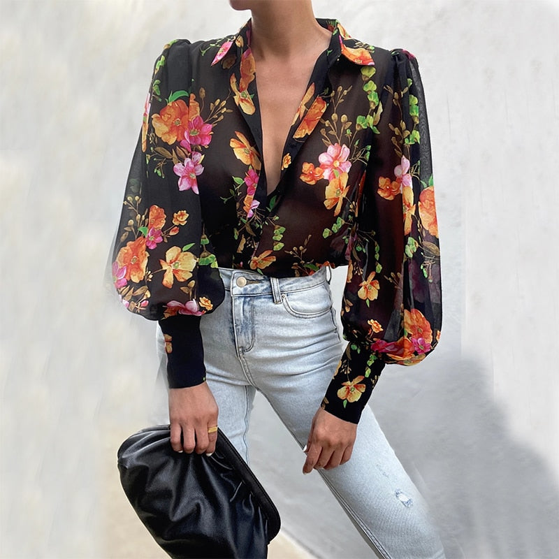 Lovwvol Autumn Puff Sleeve Shirts Blouse Women Floral/Leopard Long Sleeve Lapel Buttons Vintage Shirts Elegant Blouses Tops Female