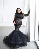Lovwvol Maternity Gown Dresses for Photo Shoot Pregnant Women Long Sleeve Black Lace Turtleneck Photography Dresses Pregnancy Dress Valentine's Day