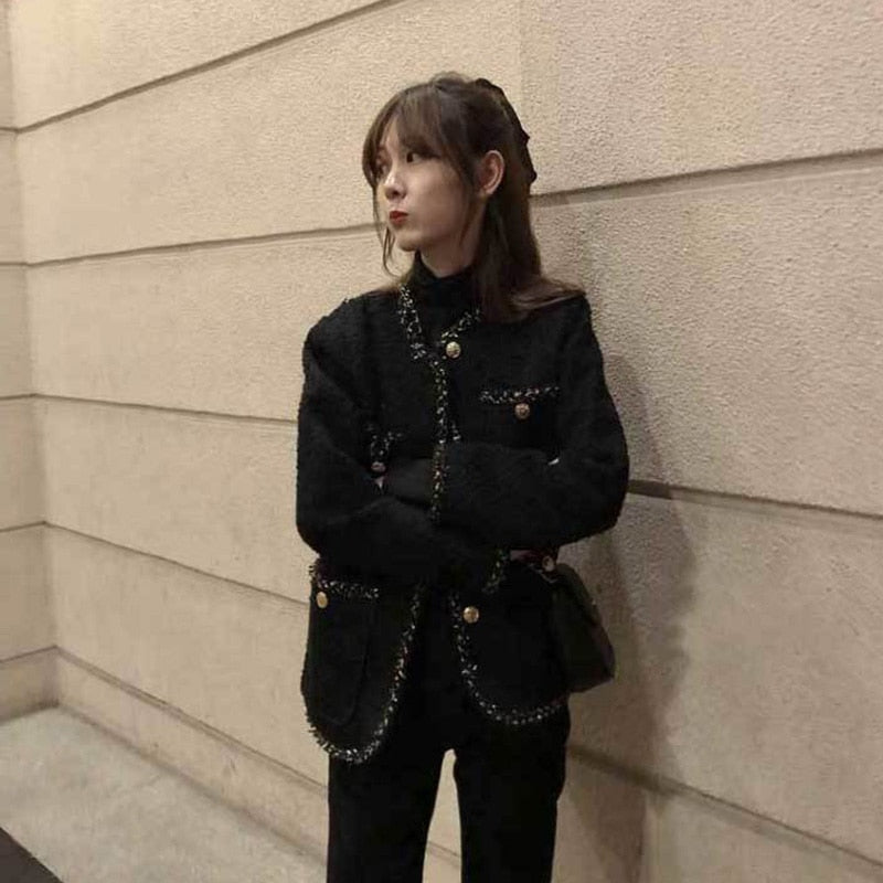 Lovwvol Korean Style Tweed jackets Women Elegant Blend Wool Coat With Pockets Female Autumn Single Breasted Outwear Office Lady