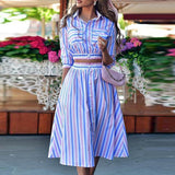 lovwvol Elegant Turn-down Collar Button Blouse + Skirts Suit Autumn Fashion Striped Print Two Piece Sets Casual 3/4 Sleeve Women Outfits