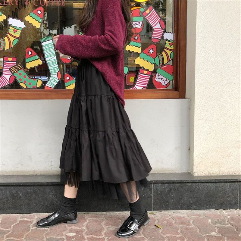 lovwvol Long Tulle Midi Skirts Womens Autumn Elastic High Waist Mesh Tutu Pleated Skirts Female Black White Long Skirt Streetwear