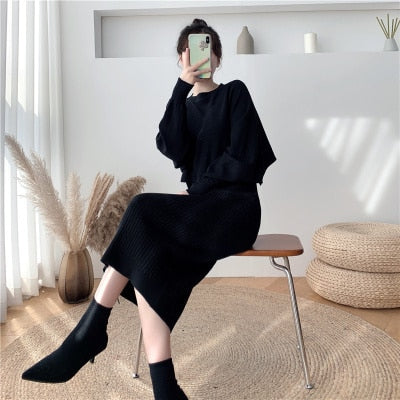 lovwvol  New Fall/Winter Bat Sleeve O-Neck Soft Sweater  + Women's Knitted Vest Long Dress Two-Piece Dress Sets Femme