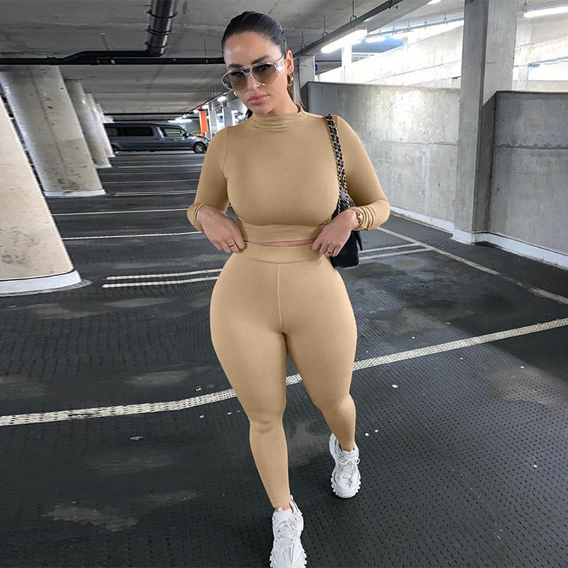 Lovwvol Two Piece Sets Women Solid Autumn Tracksuits High Waist Stretchy Sportswear Hot Crop Tops And Leggings Matching Outfits