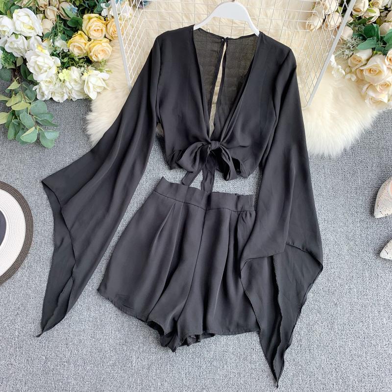 lovwvol  New Summer 2 Piece Outfits For Women Flare Sleeve Crop Top + Broad-legged Shorts Fashion Ladies Sexy Solid Chiffon Suit Set