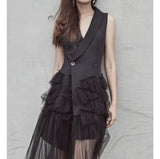 Lovwvol High Quality Spring Summer Women Dresses Black Mesh Patchwork Sleeveless Suit Vest Veil Dress Vintage Party Dress