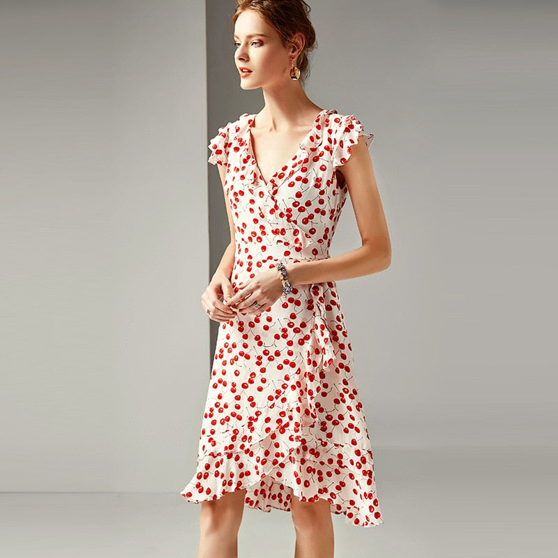 lovwvol  spring and summer women's new fashion V-neck ruffled waist slimming silk printed A-line dress