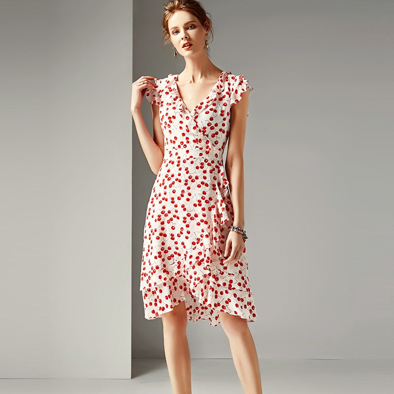 lovwvol  spring and summer women's new fashion V-neck ruffled waist slimming silk printed A-line dress