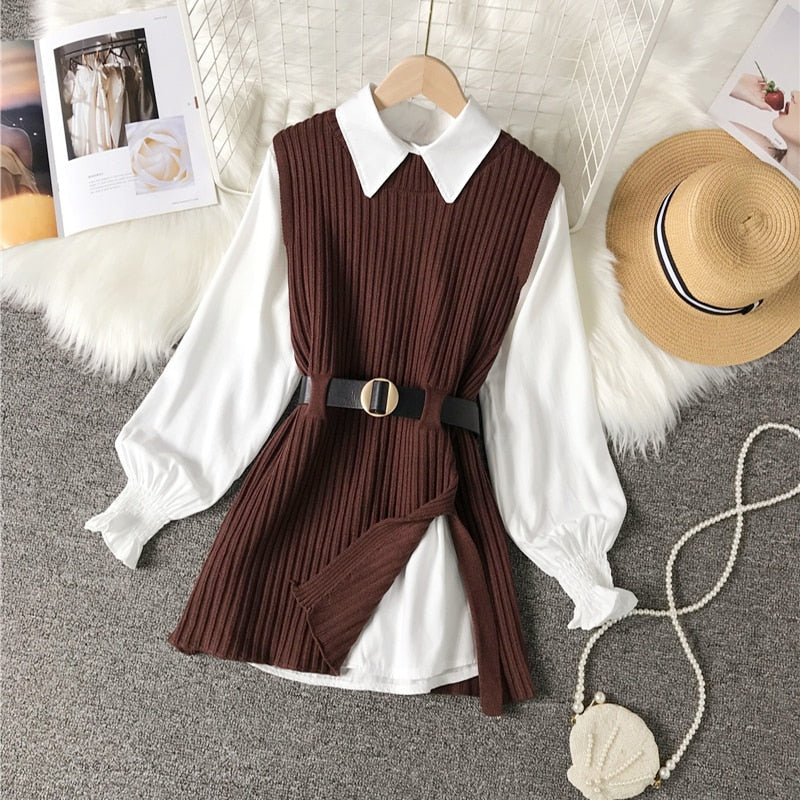 lovwvol  spring autumn women's lantern sleeve shirt knitted vest two piece sets of College style waistband vest two sets top UK900