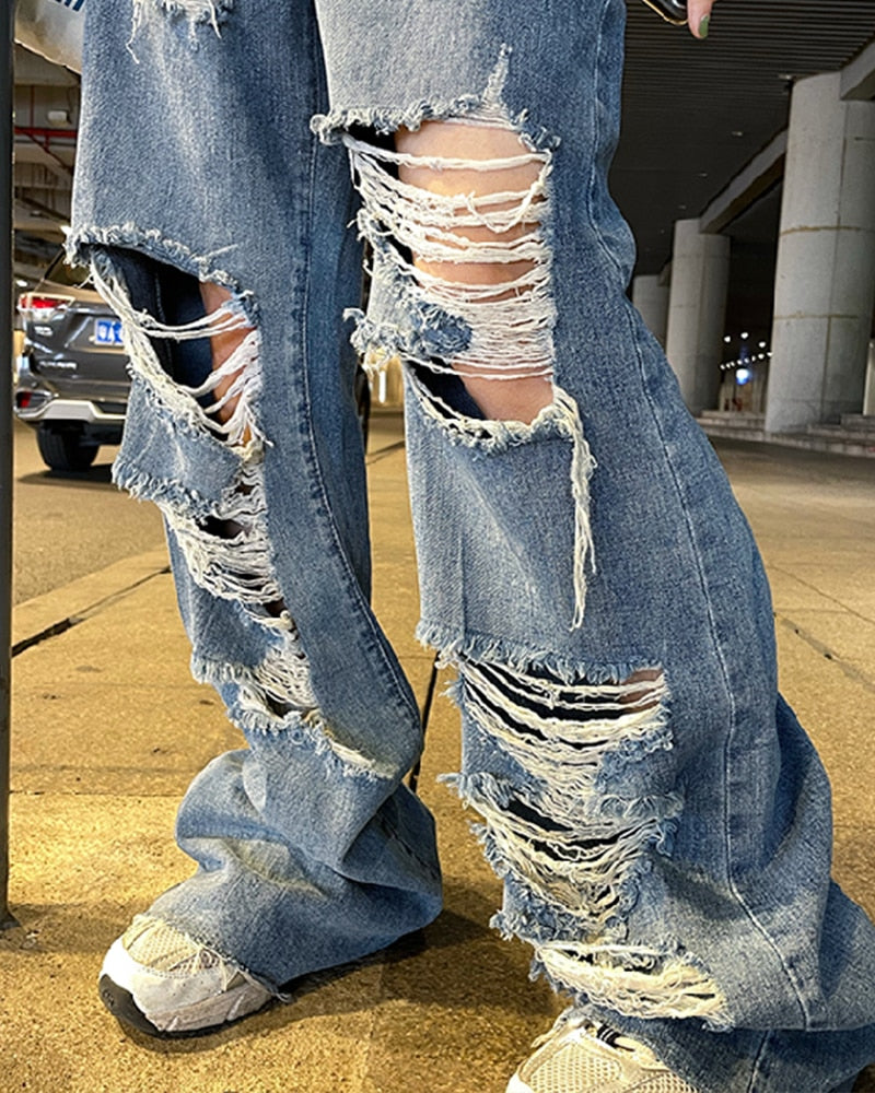 Lovwvol Spring And Autumn women's ripped jeans high waist loose straight pants wide leg pants women's jeans Y2K high street jeans
