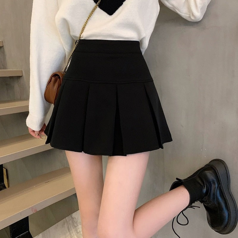 lovwvol Pleated Plaid Skirt Women Korean Fashion Autumn Vintage Preppy Style High Waisted Black A-line Mini Skirt for Girls