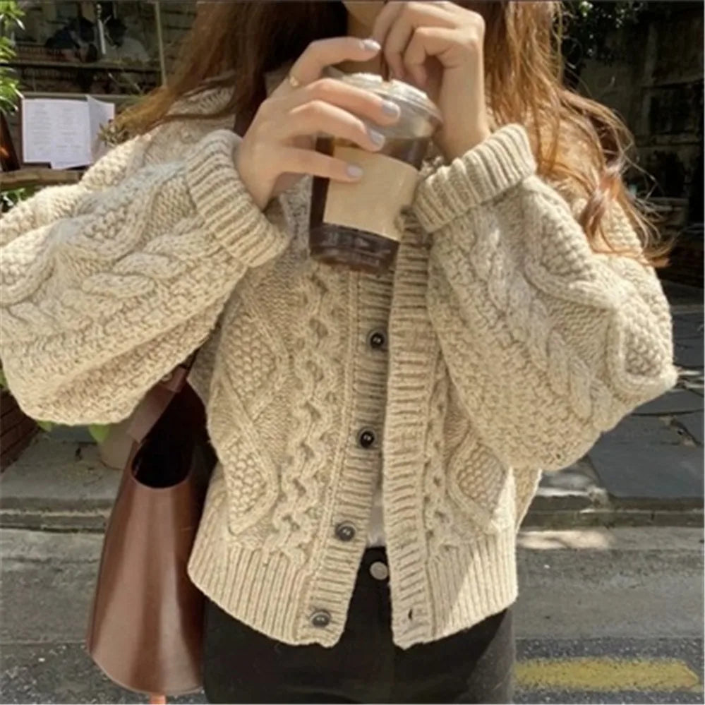 Lovwvol Women Knitted Cardigan Sweater Korean Autumn Winter Cardigan Sweater Coat Round Neck Single Breasted Loose Long Sleeve Coat