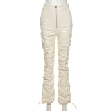 lovwvol Faux Leather Pants Cyber Y2K Vintage Stacked Zipper Side Slit Drawstring Pencil Pants Trend Streetwear Slim Outfits