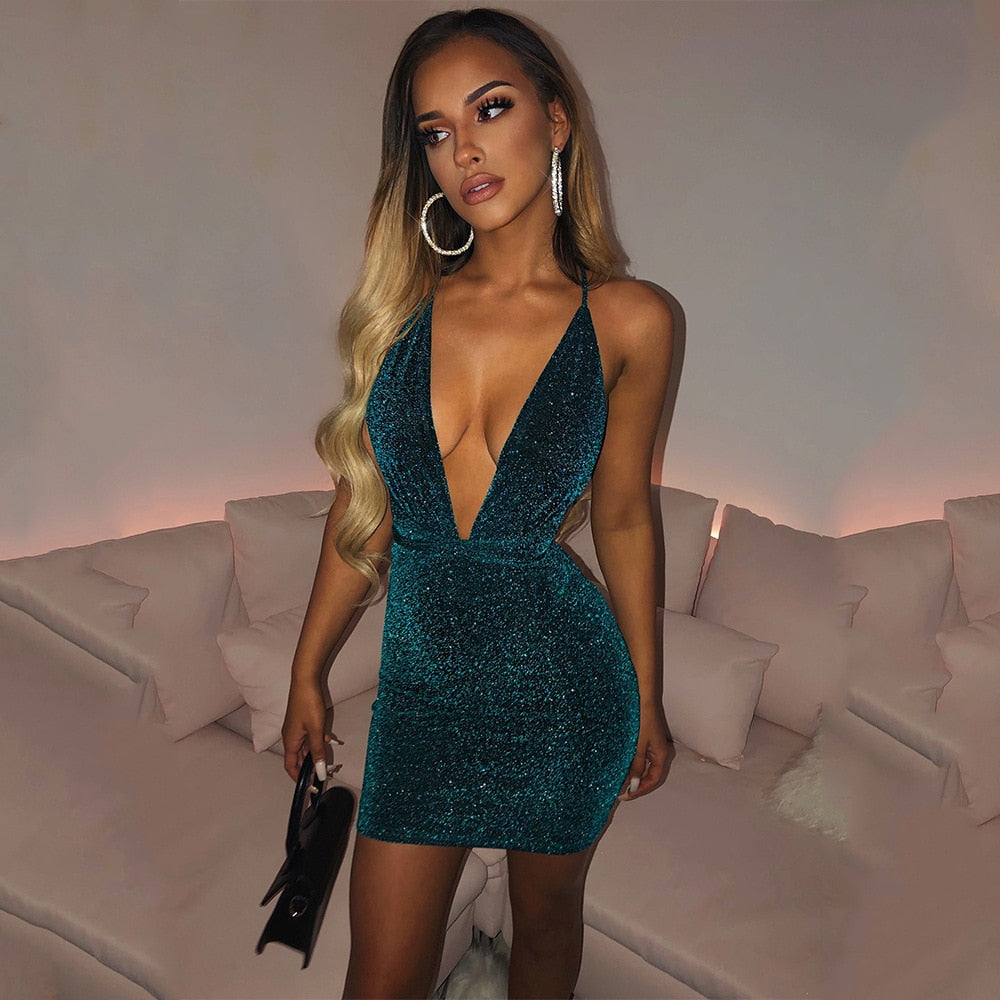 Lovwvol  Glitter Sequin Women Strap Mini Dress Deep V Neck Lace Up Bandage Backless Bodycon Sexy Party Club Autumn Winter Valentine's Day