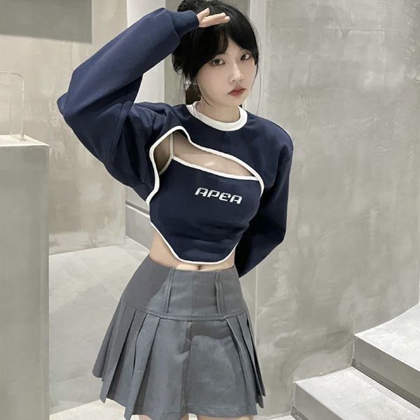 Lovwvol Gothic Two Piece T Shirt Long Sleeve Top With Camisole Slim Cotton Tee Y2k Streetwear Vintage Crop Tops Spring Tees Edgy Style