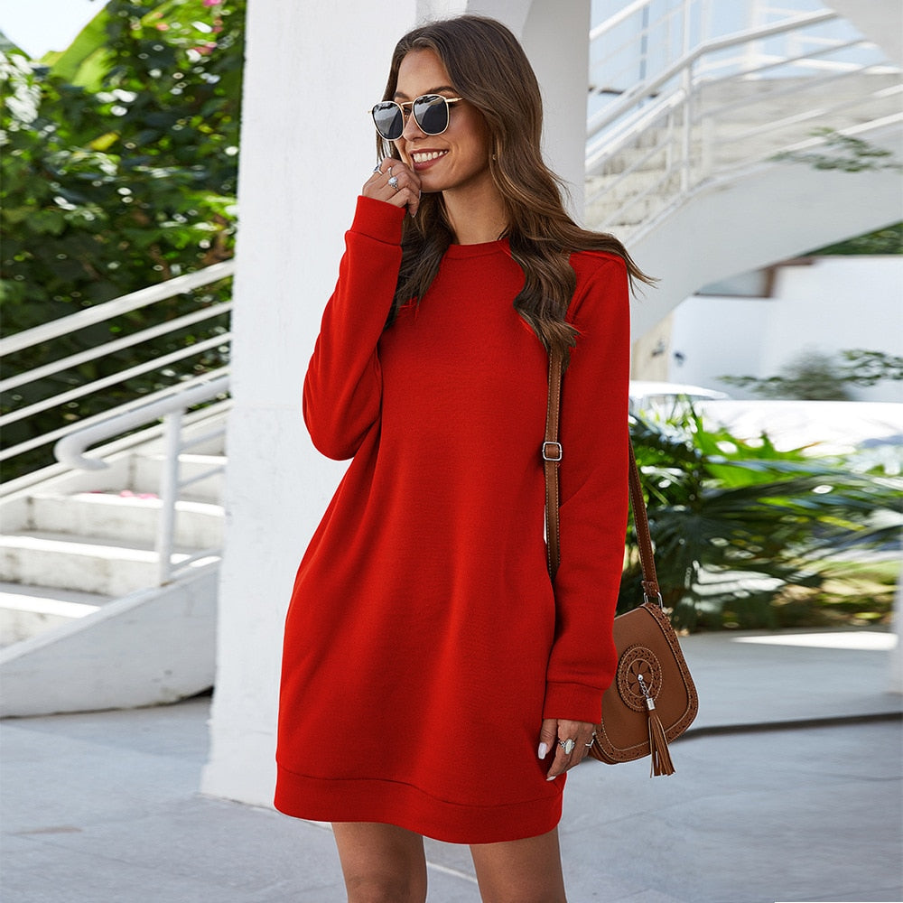 Lovwvol Autumn Winter O Neck Long Sleeve Women's Sweatshirt Dress New Fashion Solid Loose Pocket Ladies Mini Dress Vestidos