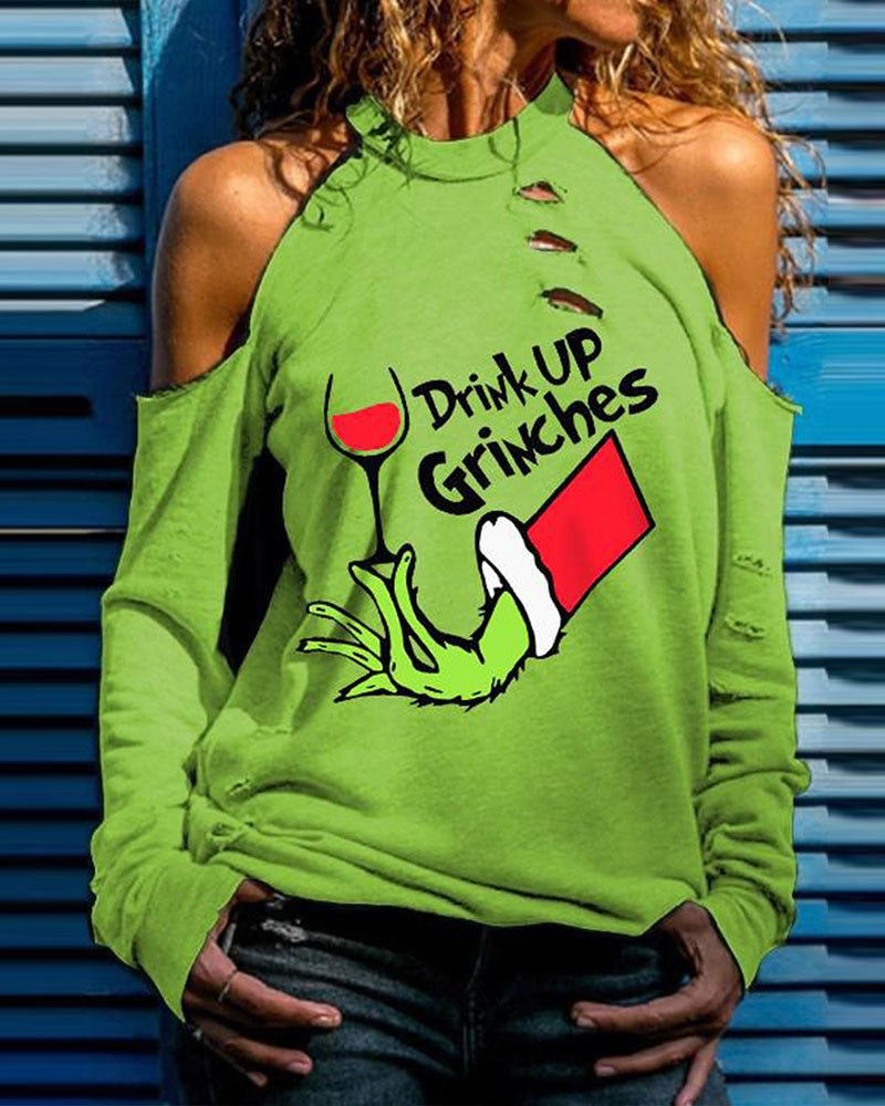 lovwvol Christmas Festival Grinches Letter Print Cutout Ladies Pullover Top Long Sleeve Sweatshirts Casual Green T-Shirts New Year