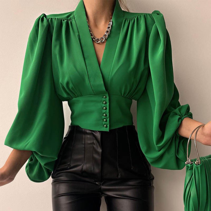 Lantern Sleeve Women's Shirt Deep V-neck Corset Green Spring Autumn Blouses Women New Fashion Office Lady Shirts Tops