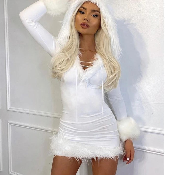 Lovwvol Furry Long Sleeve Hooded Bodycon Mini Dresses Women White V Neck Fuzzy Dress Skinny Christmas Party Streetwear Winter Christmas Party Outfits