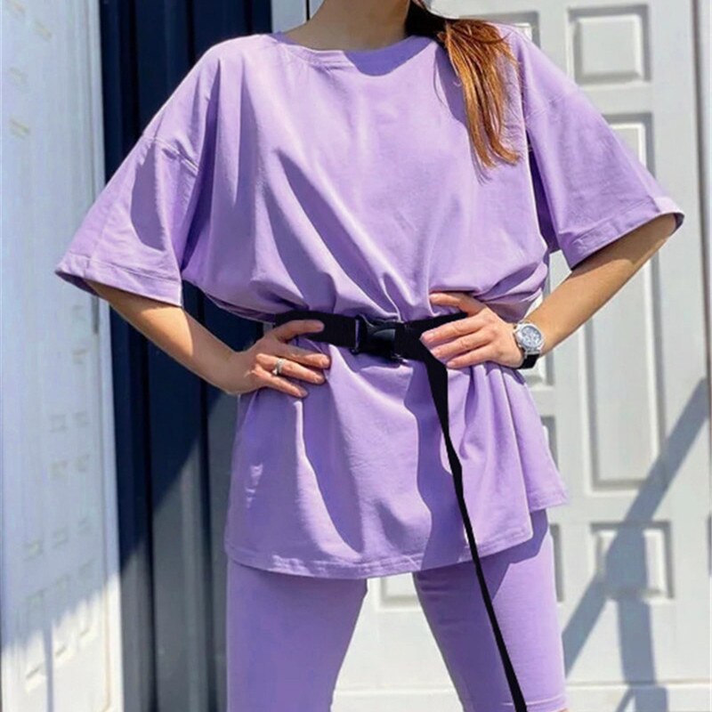 lovwvol New Casual Solid Women's Two Piece Suit with Belt Solid Color Home Loose Sports Fashion Leisure Suit Summer Clothing